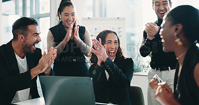 Buy stock photo Clapping, laptop and success with financial people in office together for milestone or motivation. Applause, business and computer with excited finance team in corporate workplace for goals or target