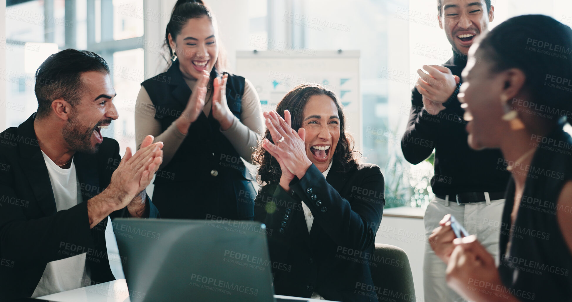Buy stock photo Clapping, laptop and success with financial people in office together for milestone or motivation. Applause, business and computer with excited finance team in corporate workplace for goals or target