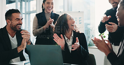 Buy stock photo Clapping, laptop and success with business people in financial office for milestone or motivation. Applause, computer and laughing with excited team in finance workplace for goals or target