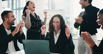 Buy stock photo Fist pump, laptop and success with business people in financial office for milestone or motivation. Applause, computer and celebration with excited team in finance workplace for goals or target