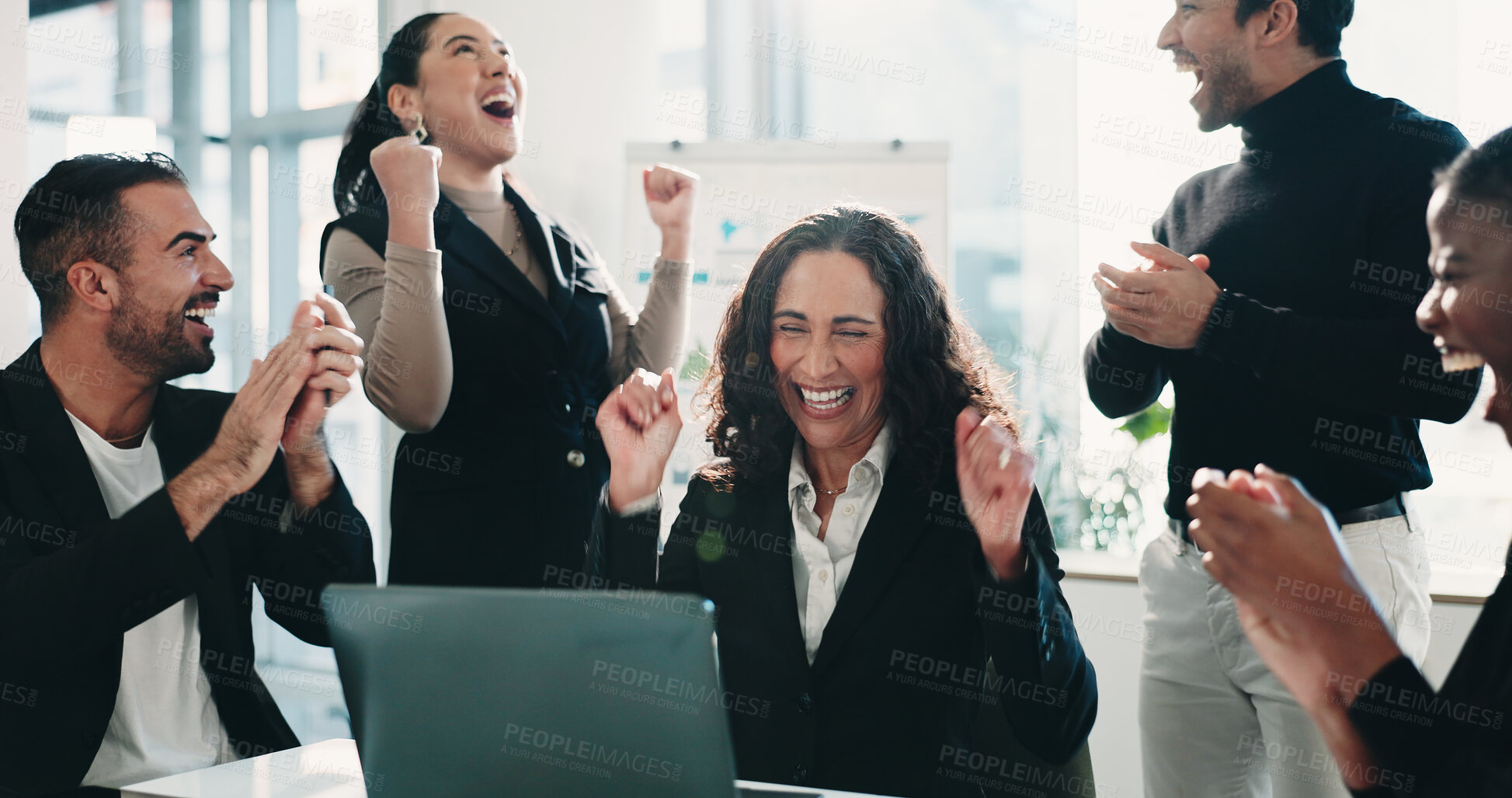 Buy stock photo Fist pump, laptop and success with business people in financial office for milestone or motivation. Applause, computer and celebration with excited team in finance workplace for goals or target