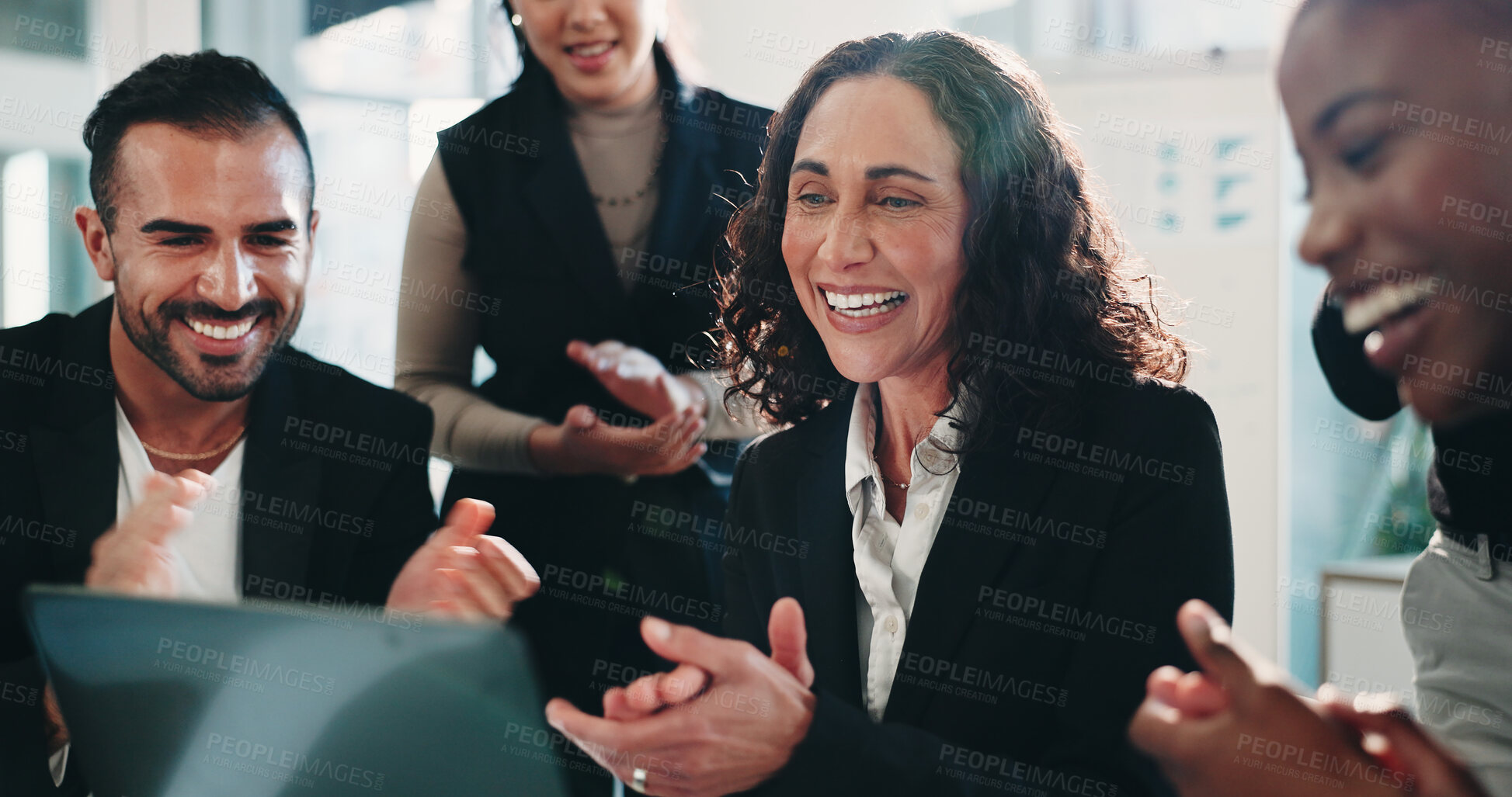Buy stock photo Applause, celebration and laptop with business people in financial office for milestone or motivation. Clapping, computer and success with excited team in finance workplace for goals or target