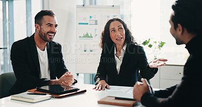 Buy stock photo Recruitment, meeting or people with question in office, finance agency or salary negotiation for job. Smile, talk or hr management team with candidate for interview, analyst vacancy or hiring process