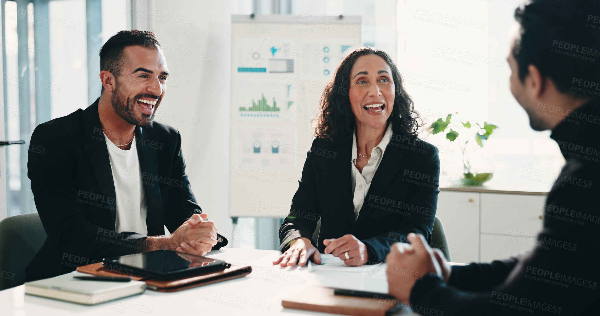 Buy stock photo Recruitment, meeting or business people with questions in boardroom, finance agency or funny conversation. Laugh, talking or hr managers with analyst candidate for job interview, smile or headhunting
