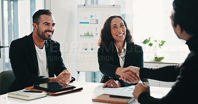 Buy stock photo Business people, office and handshake for acquisition, financial partnership or deal with agreement. Smile, team and shaking hands for collaboration in company, b2b investment and corporate merger