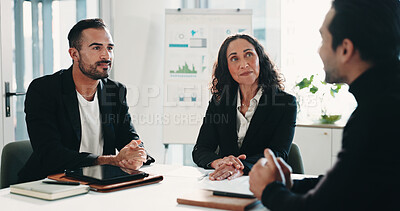 Buy stock photo Recruitment, meeting or business people with discussion in office, finance agency or hiring process. Headhunting, talk or hr management team with candidate for interview, questions or analyst vacancy