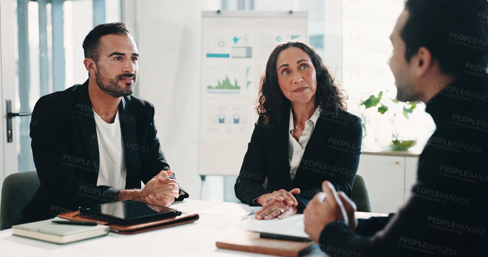 Buy stock photo Recruitment, meeting or business people with discussion in office, finance agency or hiring process. Headhunting, talk or hr management team with candidate for interview, questions or analyst vacancy