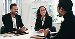Recruitment, meeting or business people with questions in office, finance agency or hiring process. Smile, talk or hr management team with candidate for job interview, analyst vacancy or headhunting
