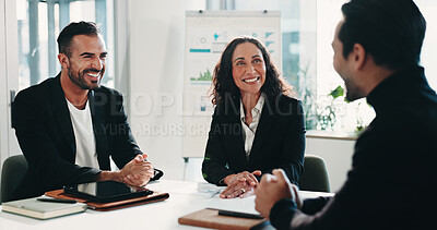 Buy stock photo Recruitment, meeting or business people with questions in office, finance agency or hiring process. Smile, talk or hr management team with candidate for job interview, analyst vacancy or headhunting