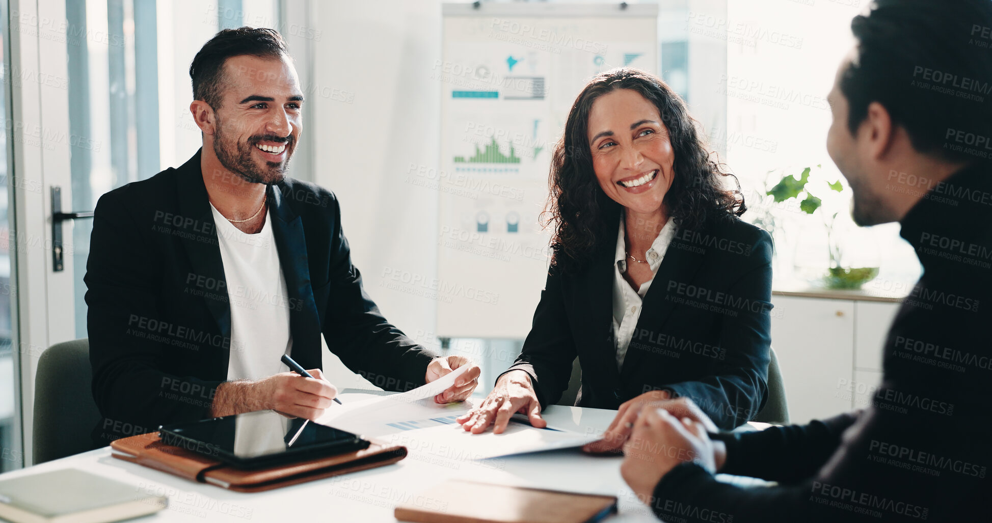 Buy stock photo Accounting, woman and business people with paperwork, smile and manager for graphs discussion. Meeting, teamwork and communication with tech, growth strategy or project report for finance in office
