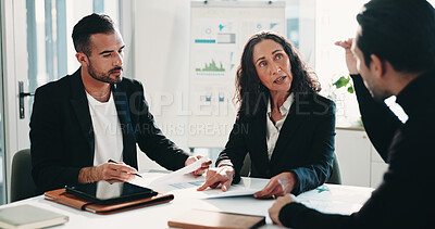 Buy stock photo Accounting, woman and business people with document, planning and manager for graphs discussion. Meeting, teamwork and communication with tech, growth strategy or project report for finance in office