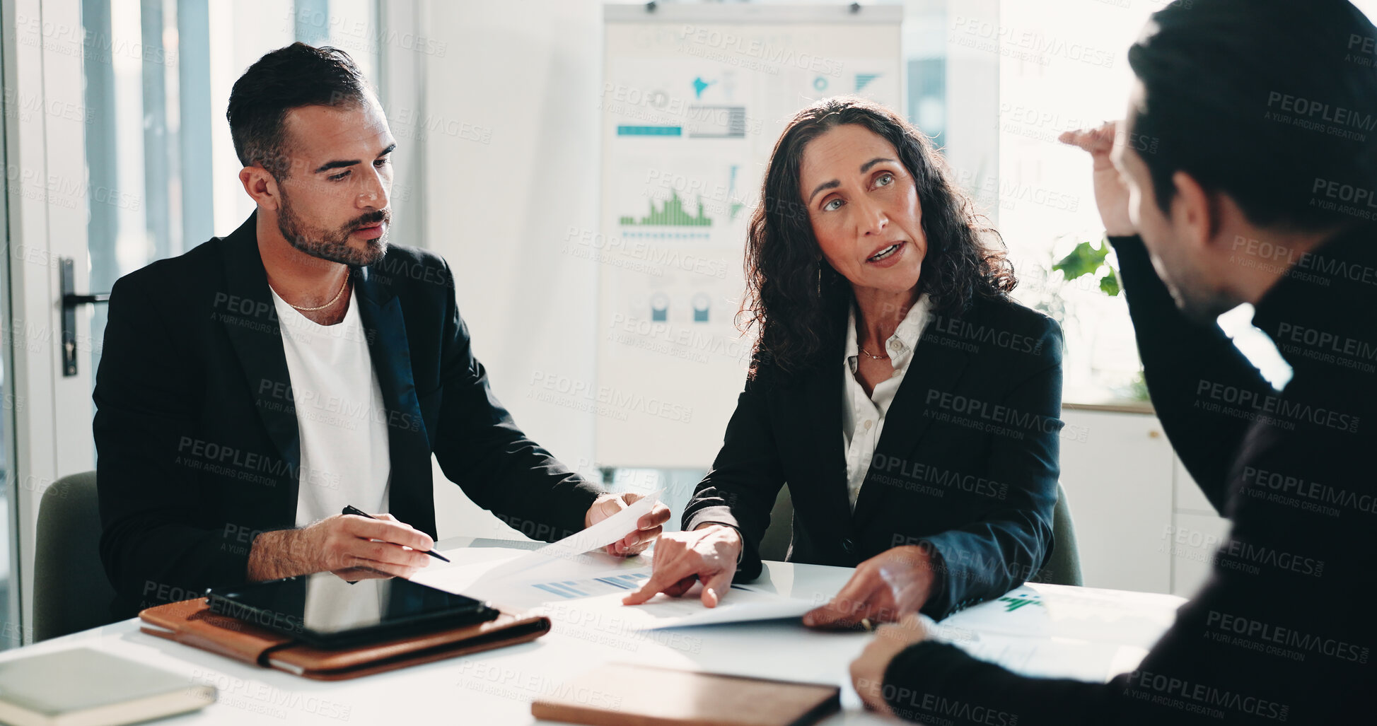 Buy stock photo Accounting, woman and business people with document, planning and manager for graphs discussion. Meeting, teamwork and communication with tech, growth strategy or project report for finance in office