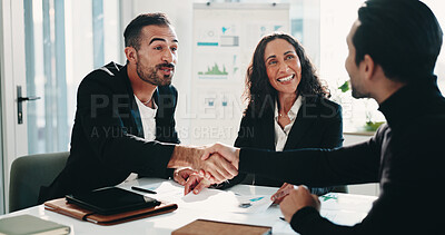 Buy stock photo Business people, office and handshake for deal, financial partnership or acquisition with agreement. Smile, team and shaking hands for collaboration in company, b2b investment and corporate merger