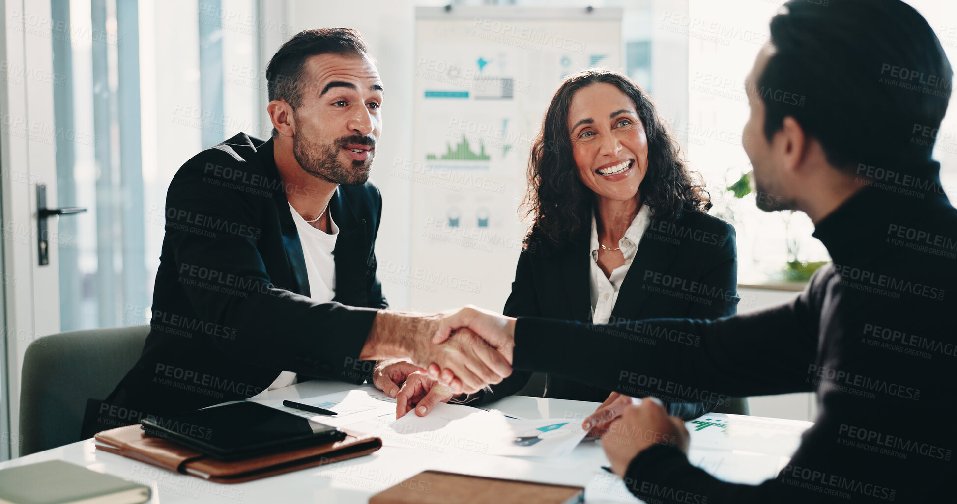 Buy stock photo Business people, office and handshake for deal, financial partnership or acquisition with agreement. Smile, team and shaking hands for collaboration in company, b2b investment and corporate merger