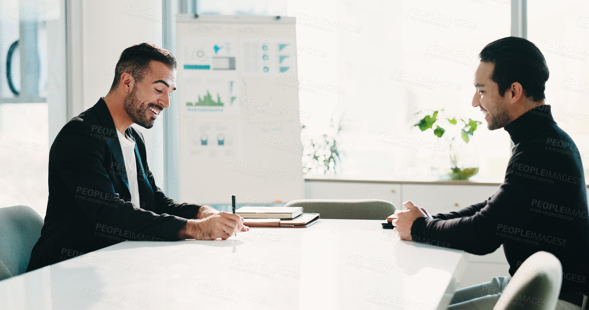 Buy stock photo Meeting, smile or men in office for business, finance advice or investment proposal. Businessman, advisor or contract discussion for partnership, agreement or pitch in company for growth in economy