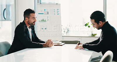 Buy stock photo Meeting, sign and men in office for business, finance advice or investment proposal. Businessman, advisor or contract discussion for partnership, agreement or pitch in company for growth in economy