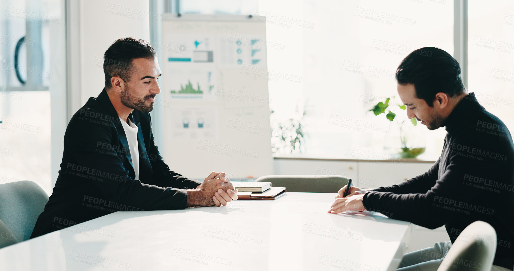 Buy stock photo Meeting, sign and men in office for business, finance advice or investment proposal. Businessman, advisor or contract discussion for partnership, agreement or pitch in company for growth in economy