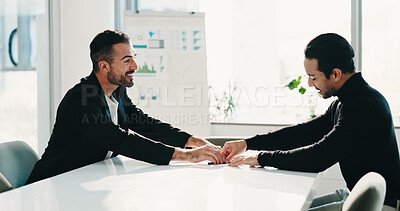 Buy stock photo Offer, sign and men in office for business, finance advice or investment proposal. Businessman, advisor or contract discussion for partnership, agreement or pitch in company for growth in economy