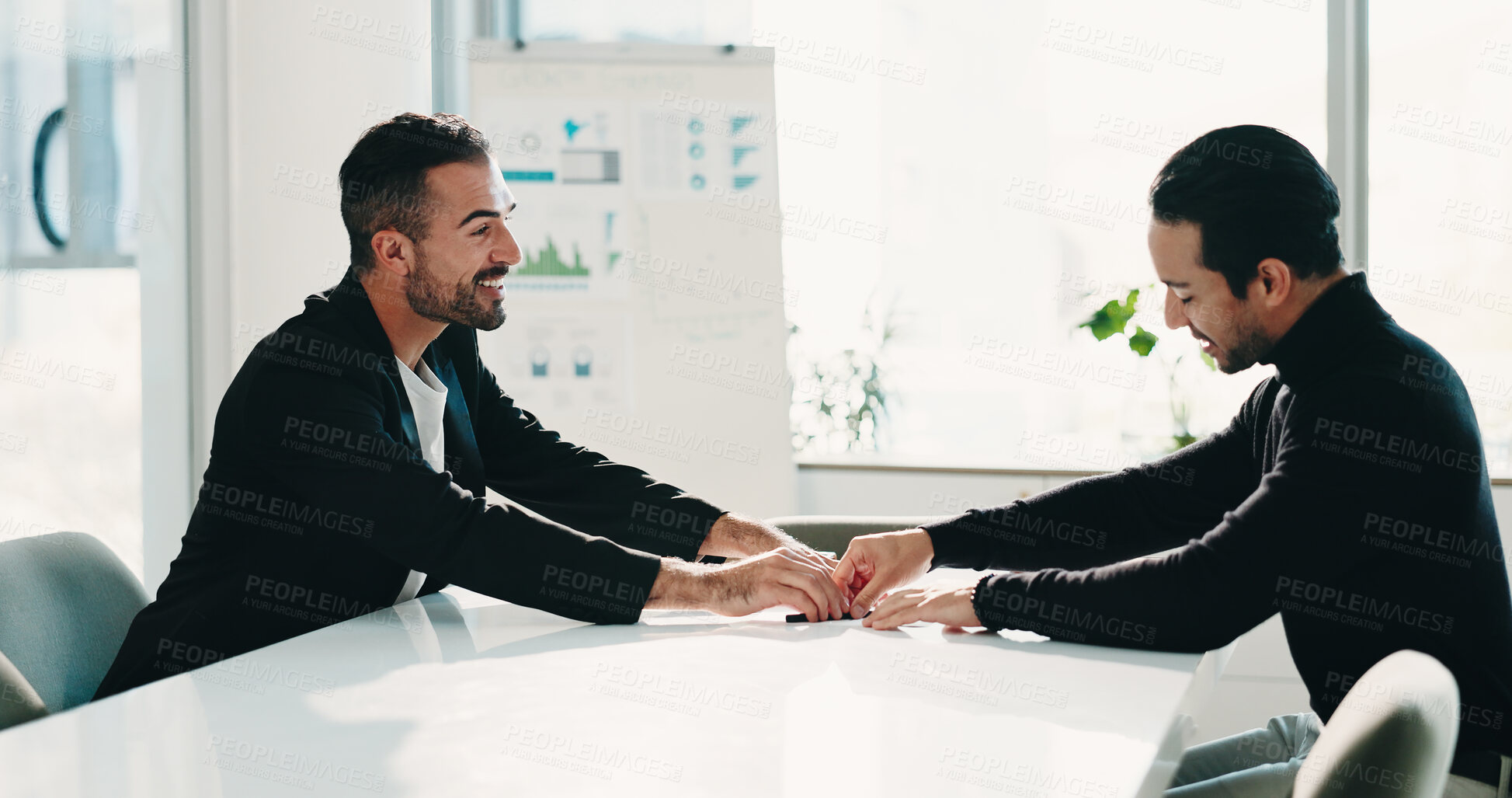 Buy stock photo Offer, sign and men in office for business, finance advice or investment proposal. Businessman, advisor or contract discussion for partnership, agreement or pitch in company for growth in economy