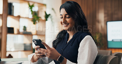 Buy stock photo Phone, smile and research with business woman in office for revenue, account report and review. Planning, portfolio update and online budget email with employee in agency for investor proposal