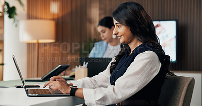 Buy stock photo Business, woman and smile with laptop in office for income report, market research and client email. Staff, financial analyst and tech for reading industry trends, monitor performance and SEC filing