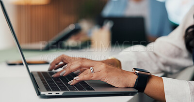 Buy stock photo Hands, typing and woman with laptop, media agency for online publication and deadline for column. Person, journalist and writer in workplace, computer and research for news report or email for review