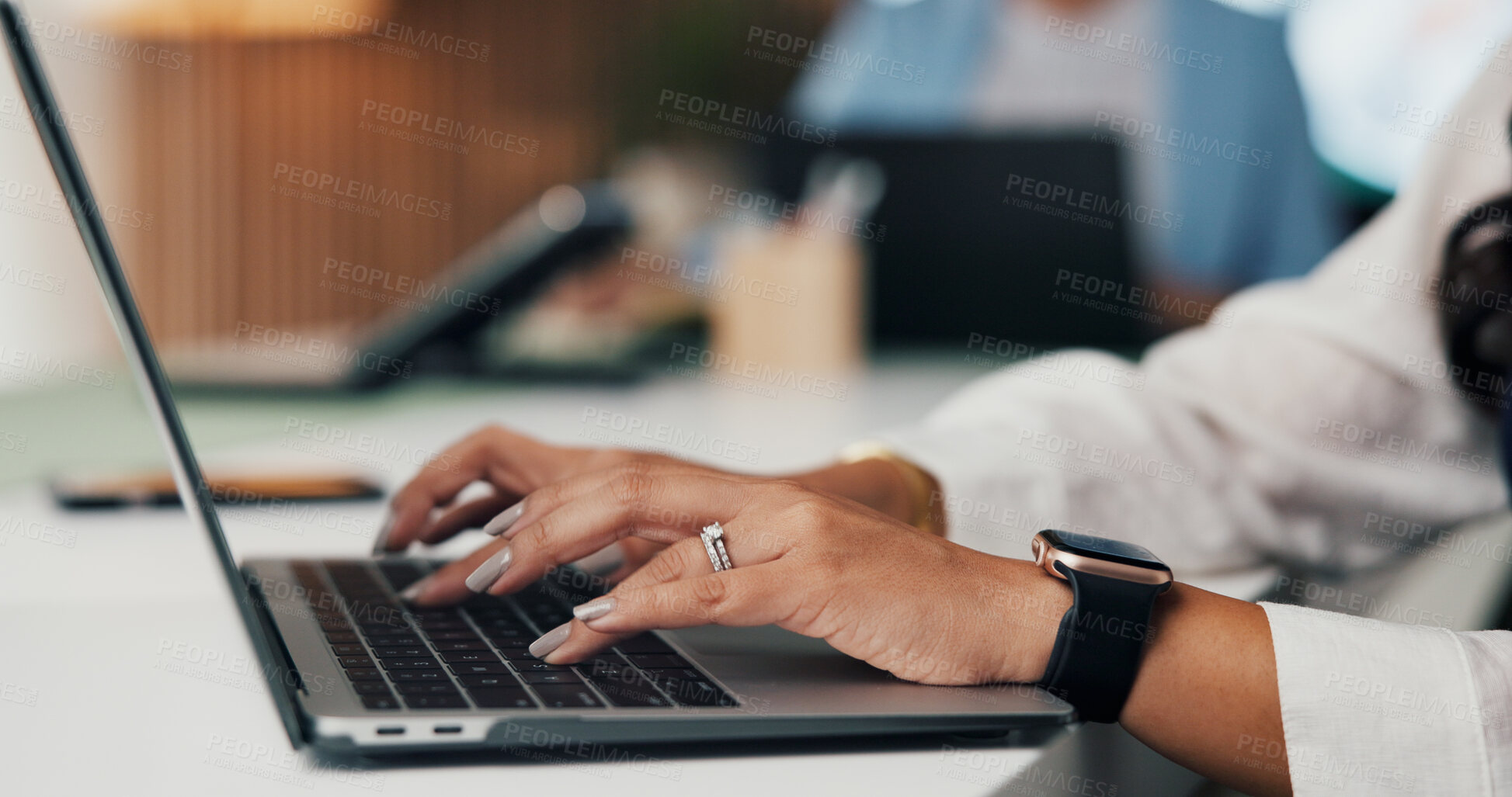 Buy stock photo Hands, typing and woman with laptop, media agency for online publication and deadline for column. Person, journalist and writer in workplace, computer and research for news report or email for review