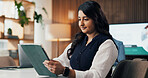 Tablet, typing and research with business woman in office for revenue, account report and review. Planning, portfolio update and online budget email with employee in agency for investor proposal