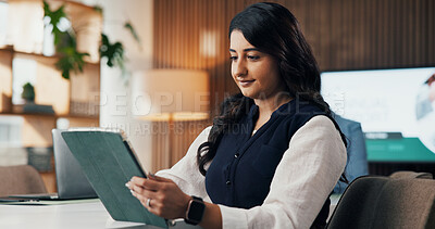 Buy stock photo Tablet, typing and research with business woman in office for revenue, account report and review. Planning, portfolio update and online budget email with employee in agency for investor proposal