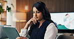 Tablet, reading and planning with business woman in office for revenue, account report and review. Research, portfolio update and online budget email with employee in agency for investor proposal