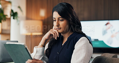 Buy stock photo Tablet, reading and planning with business woman in office for revenue, account report and review. Research, portfolio update and online budget email with employee in agency for investor proposal