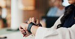 Woman, hands and checking time with watch in office for business schedule or monitoring tasks. Female person, employee or heart rate with wristwatch for management, deadline or tracking in workplace