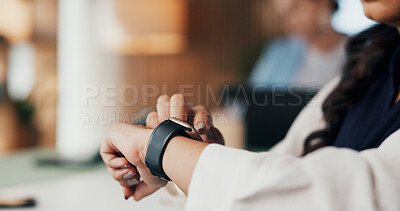 Buy stock photo Woman, hands and checking time with watch in office for business schedule or monitoring tasks. Female person, employee or heart rate with wristwatch for management, deadline or tracking in workplace