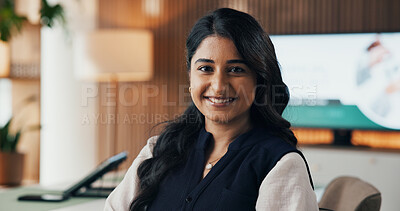 Buy stock photo Portrait, investor and woman in office, smile and career ambition for company increase. Corporate professional, financial advisor or person in workplace, happiness and about us with success or trader