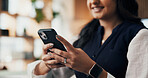 Phone, typing and hands with business woman in office for revenue, account report and review. Planning, portfolio update and online budget email with employee in agency for investor proposal