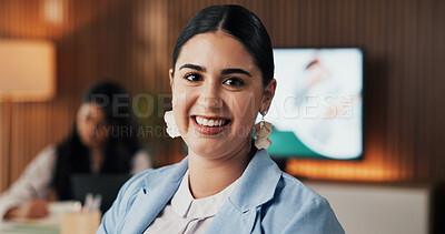 Buy stock photo Portrait, financial advisor and woman in office, smile or career ambition for company increase. Corporate professional, risk management firm or person in workplace, happiness or about us with success