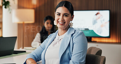 Buy stock photo Portrait, trader and woman in office, happiness and career ambition for company increase. Professional, financial advisor or person in workplace, smile or about us with success or risk management