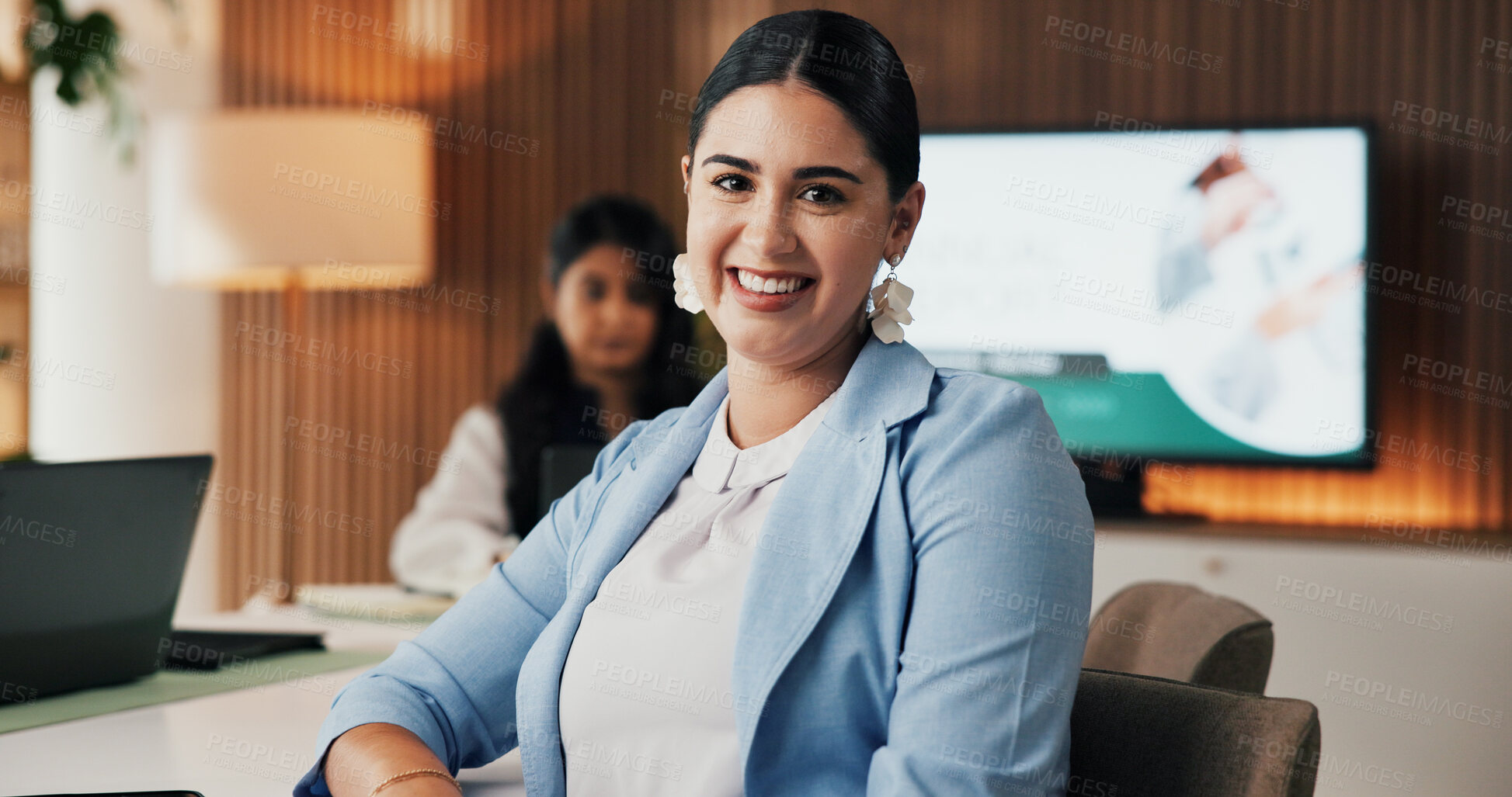 Buy stock photo Portrait, trader and woman in office, happiness and career ambition for company increase. Professional, financial advisor or person in workplace, smile or about us with success or risk management
