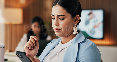 Buy stock photo Phone, review and research with business woman in office for revenue, account report and reading. Planning, portfolio update and online budget email with employee in agency for investor proposal
