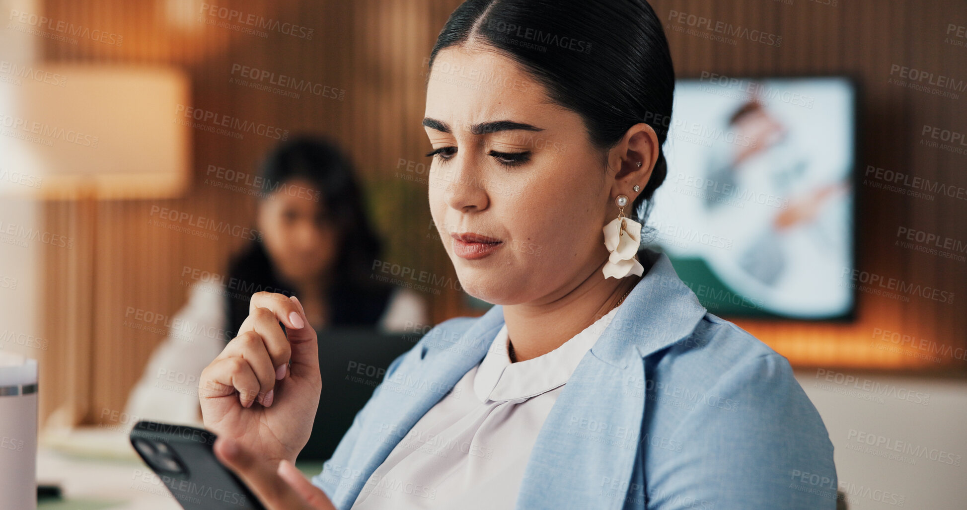 Buy stock photo Phone, review and research with business woman in office for revenue, account report and reading. Planning, portfolio update and online budget email with employee in agency for investor proposal