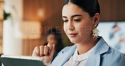 Buy stock photo Tablet, scroll and research with business woman in office for revenue, account report and review. Planning, portfolio update and online budget email with employee in agency for investor proposal