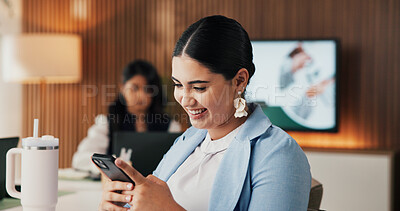 Buy stock photo Phone, typing and research with business woman in office for revenue, account report and review. Planning, portfolio update and online budget email with employee in agency for investor proposal