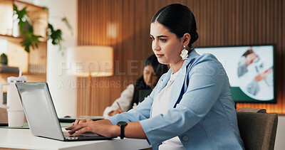 Buy stock photo Business, woman and typing on laptop in office for income report, market research or client email. Staff, financial analyst and tech at desk for investment proposal, monitor performance or SEC filing