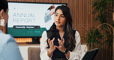 Buy stock photo Talk, advice and meeting with business woman in office for venture capitalist, advisor or planning. Investment growth, financial strategist and fund manager with person in boardroom for annual report