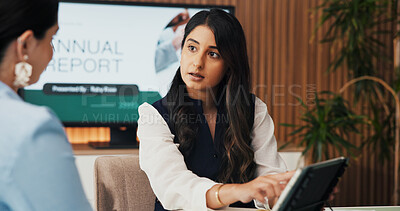 Buy stock photo Team, tablet and meeting with business woman in office for venture capitalist, advisor or planning. Investment growth, financial strategist and fund manager with person in boardroom for annual report