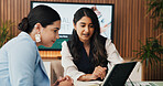 Talk, tablet and team with business woman in office for venture capitalist, advisor or planning. Investment growth, financial strategist and fund manager with person in boardroom for annual report