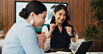 Happy women, winning and tablet with good news for business success or project approval in office. Excited, female people or employees with technology, smile or fist pump for team promotion or bonus