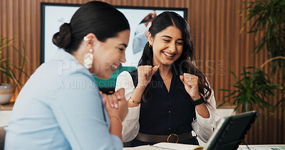 Buy stock photo Happy women, winning and tablet with good news for business success or project approval in office. Excited, female people or employees with technology, smile or fist pump for team promotion or bonus