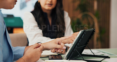 Buy stock photo Hands, tablet and meeting with business woman in office for venture capitalist, advisor or planning. Investment growth, financial strategist and fund manager with people in agency for annual report