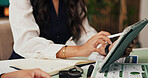Hands, tablet and meeting with business woman in office for venture capitalist, advisor or planning. Investment growth, financial strategist and fund manager with person in agency for annual report